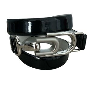 Chico’s Black Patent Leather Adjustable Belt with Chunky Silver Tone Buckle S/M